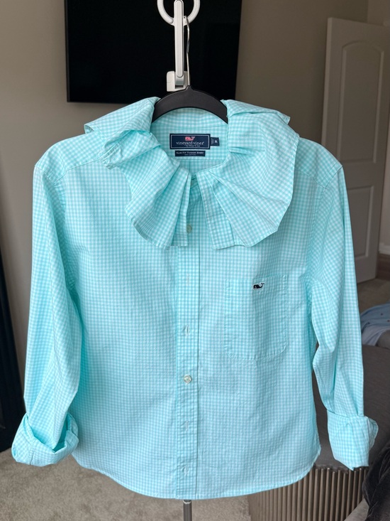 Vineyard Vines Tops - Reloved Upcycled Ruffle Collar Button Down Shirt Vineyard Vines Aqua Gingham